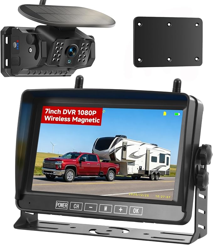 Magnetic Wireless Backup Camera for RV - 15000mAh Battery Solar Powered Reverse Camera System with 1080P 7in Monitor, 500ft Stable Range 4CH Split Screen for Horse Trailer Truck Pickup Tractor