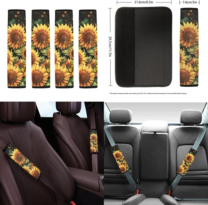 Sunflower Car Seat Covers Full Set with Steering Wheel Cover Set of 18 Flower Head Rest Protector+Seat Belt Shoulder Pads+Car Cup Coaster+Handbrake Cover+Armrest Cushion and Keychain