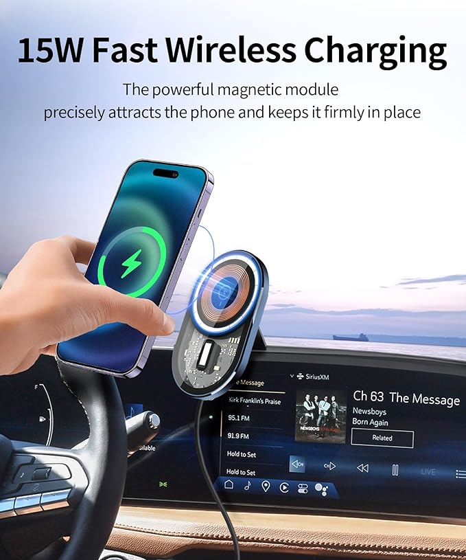 Wireless Charging Car Phone Holder for Cadillac Lyriq 2023-2025 / Optiq 2025 / XT4 2024-2025 / CT5 2025, 33" Screen Fixed Clip, 360° Rotation Car Phone Mount Compatible with MagSafe