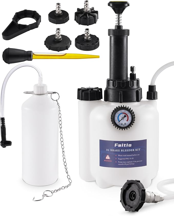 3L Brake Fluid Bleeder Kit w/ 1L Catch Bottle, Pressure Brake Bleeding Tool, Manual Power Bleeder Pump for Flush Brakes and Clutch System, Upgraded Adapters (43.5/45/49.5/50.7mm), White