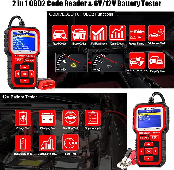 KONNWEI KW681 OBD2 Scanner 6V 12V Car Battery Tester, 2 in 1 Car Diagnostic Scanner Automotive Battery Alternator Load Tester Check Engine Code Reader Scan Tool