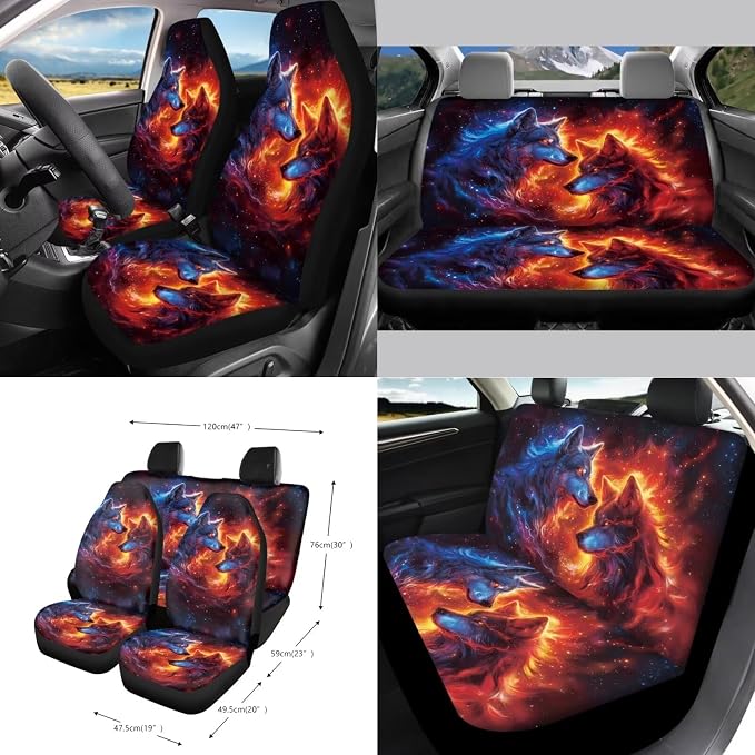 Fire Wolf Galaxy Print Car Seat Cover Sets Car Steering Wheel Cover Seat Belt Cover Trash Bin Air Vent Storage Box Front Rear View Mirror Car Cup Holder Keychain 15Pcs Car Accessories