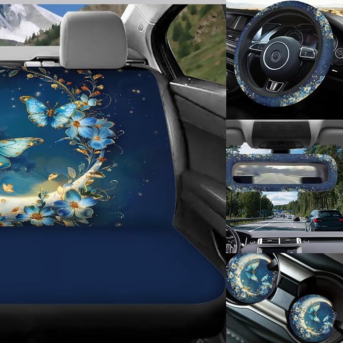 Blue Butterfly Car Accessories Set 17 Pack,Moon Car Seat Covers Full Set with Front and Rear,Headrest Covers,Steering Wheel Covers,Rear View Mirror Cover,Handbrake Sleeve Cover Key Chain