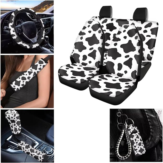12 Pack Car Seat Covers for Women Cute Cow Print Steering Wheel Cover and Seat Belt Pad Washable Cup Coaster Holder Keychain Shift Protector Auto Seat Cover Accessories