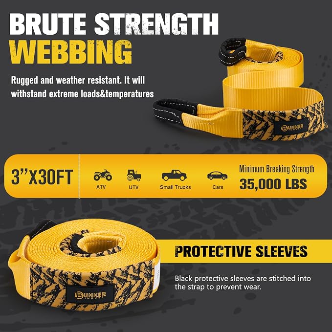 BUNKER INDUST 3" x 30ft Heavy Duty Tow Strap with Bag Recovery Kit +3/4" D Ring Shackle with 7/8" Pin