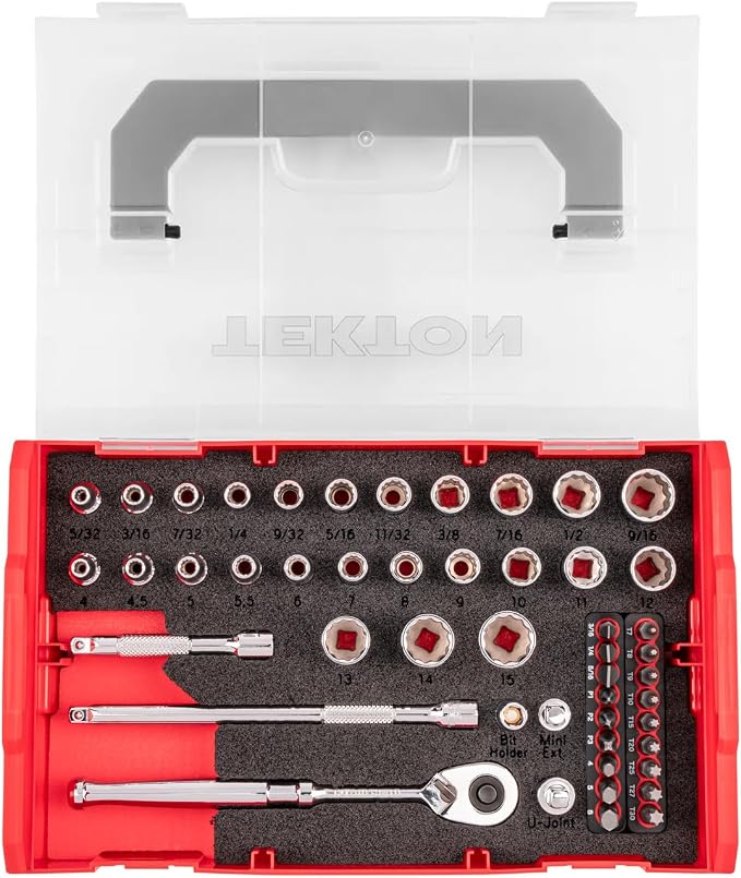 TEKTON 1/4 Inch Drive 12-Point Socket, Bit, and Ratchet Set with Mini Stacking Tool Box (49-Piece) | SKT06301