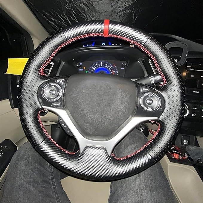 Loncky Carbon Fiber Black Genuine Leather Steering Wheel Cover for Honda Civic 9 Civic 2012 2013 2014 2015 Hand Stitched Custom Fit Car OEM Parts Interior Accessories