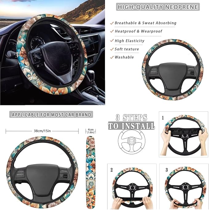 Suobstales Boho Mandala Highland Cattle Print Car Seat Covers Full Set for Women Men Seat Cover Protector Auto Decorative with Steering Wheel Cover + Seat Belt Covers + Coasters + Keychains