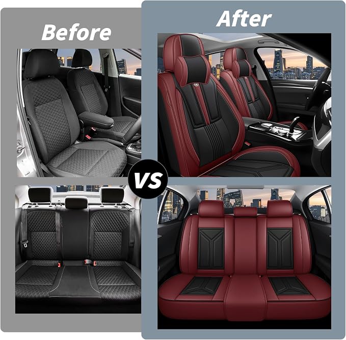 Arazi Seat Covers for 90% of Mercedes-Benz, 360° Full Wrap Original Seat Cover, Waterproof Nappa Leather Seat Covers with Big Space Storage Pocket Seat Protector（5 Seats Luxury, Black&Red）