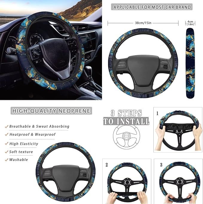Howilath Butterfly Moon Floral Car Seat Cover Set SUV Interior Protector 13 Piece with Steering Wheel Protector/Seat Belt Cushion/Keychains/Cup Coasters Universal Fit All Seasons