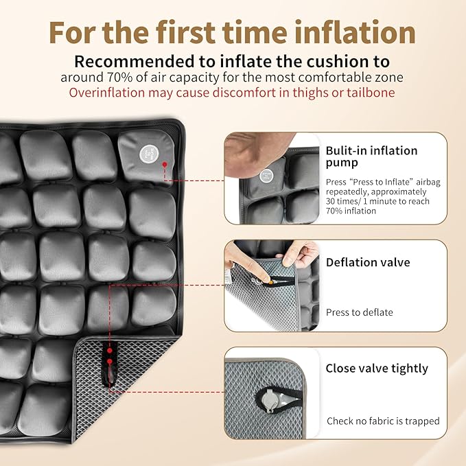 Inflatable Seat Cushion with Built-in Pump for Airplane Travel, Car & Office Chair - Portable Air Pad for Sciatica, Coccyx & Tailbone Pain Relief - 3D Air Cell Support for Long Sitting, 0.8lbs