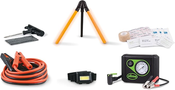 Slime 50161 Emergency Roadside Kit with Flat tire Repair and Booster Cables for Moto/Off-Road
