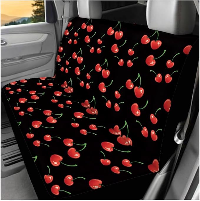 Ystardream Stylish Cherry Car Seat Covers Full Set Cherry Car Accessories for Women Front Seat Cover Steering Wheel Armrest Cover Seat Belt Cover Cup Holder for Auto SUV Interior Decoration