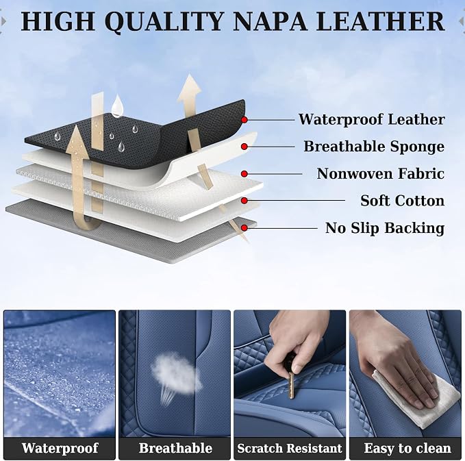 Coverado Car Seat Cover Front Seats, Blue Seat Covers Front Seats, Nappa Leather Waterproof, Car Seat Cushion, Car Seat Protector Universal Fit Most Cars