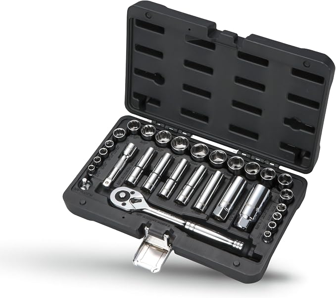 CHESCO 13030 Professional 30 Pieces 1/4" & 3/8" Drive 6 & 12 Pt. Shallow and Deep Socket Set, 72-Tooth Ratchet Mechanism, Extra Spark Plug Sockets and Extension Bar, Metric & SAE