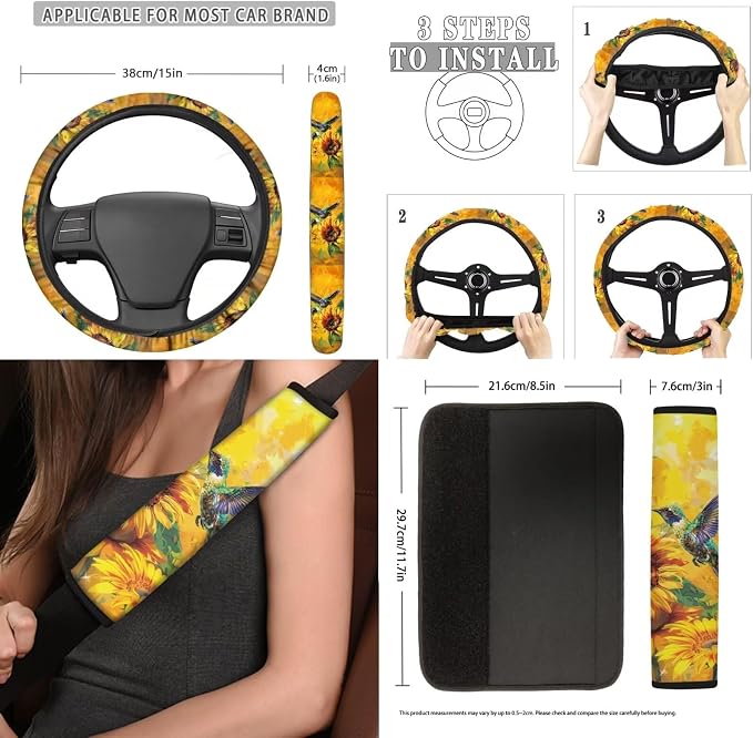 Poceacles 13 PCS Car Seat Covers for Women Sunflower Hummingbird Car Accessories Car Interior Seat Covers with Steering Wheel Cover, Wrist Strap, Car Coasters, Tissue Box, Shoulder Pad, Key Chain