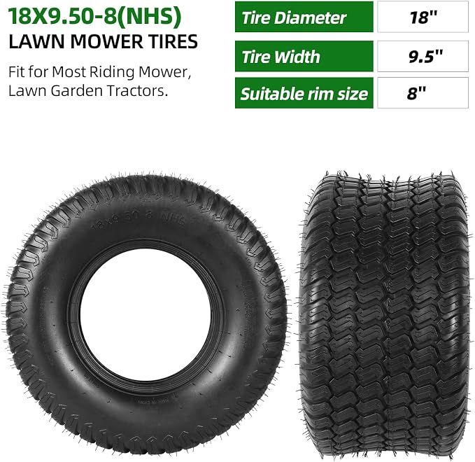 AR-PRO (2-Pack) 18x9.50-8 Lawn Mower Tires, Replacement 4 Ply Riding Lawn Mower Tire Tubeless, 1040 lbs Load Capacity, Fit for Most Riding Mower, Lawn Garden Tractors
