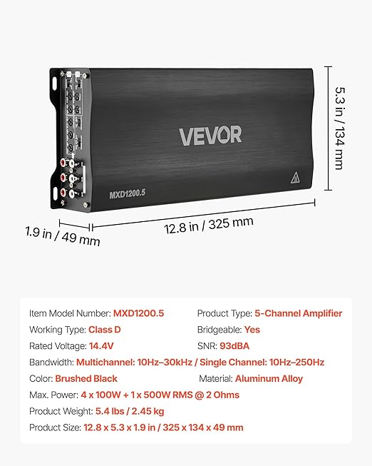 VEVOR 5 Channel Car Audio Amplifier Bridgeable Class D Full Range Amp Max Power 4 x 100W @ 4 Ohm / 4 x 200W @ 2 Ohm + Sub 1 x 500W @ 4 Ohm / 1 x 1000W @ 2 Ohm for Speakers & Subwoofer Vehicles