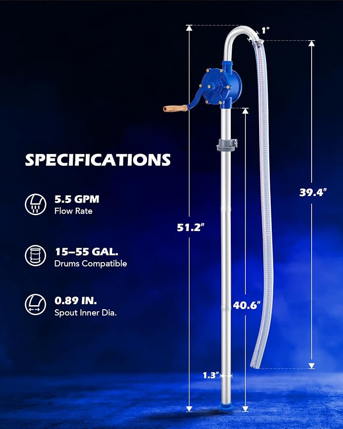 Orion Motor Tech 55 Gallon Drum Pump, Rotary Barrel Pump for Non Corrosive, Diesel, Motor Oil, Transmission Fluid, Fits 5 to 55 Gal Drums, Heavy Duty Aluminum Barrel Pump with 39.4" Discharge Hose