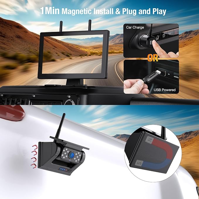 3 Magnetic Solar Wireless Backup Camera for Truck, 9" Portable 1 Min Easy Install Scratch-Proof No Delay Touch Screen Monitor System True 15000mAh Rechargeable Reverse Camera for Tractor Excavator