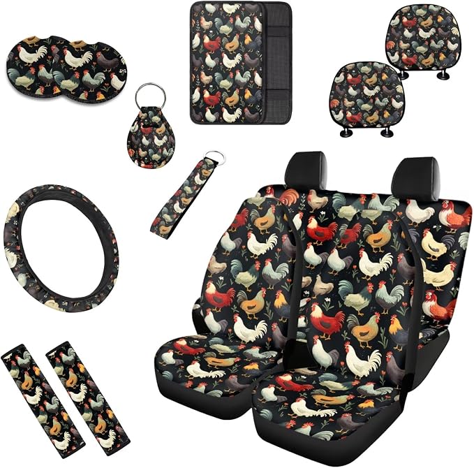 Retro Rooster 13 Pcs Universal Car Seat Covers Set Vintage Rural Rooster Print Steering Wheel Cover Cup Coasters Hen Chicken Trucks Sedan SUV Cover Armrest Cushion Pad