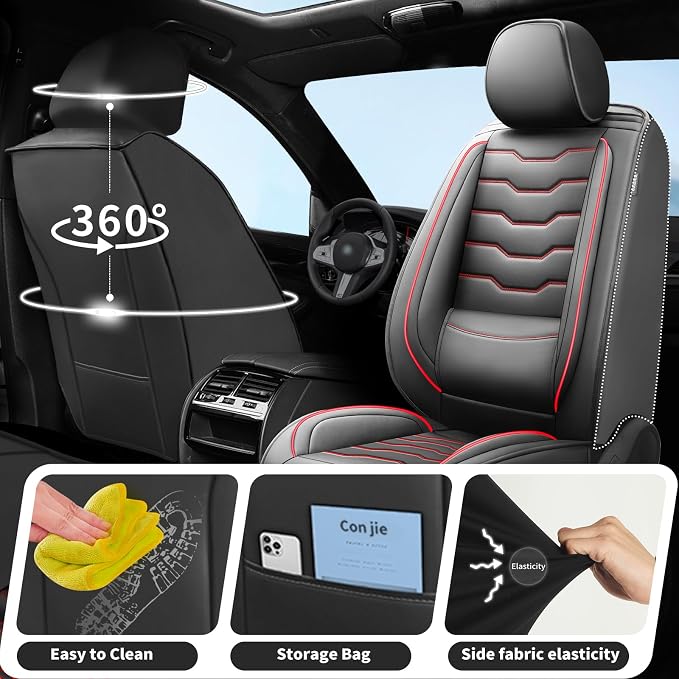Fit HRV Car Seat Covers Premium Leather for Honda HRV 2018-2025 2026. Waterproof， Anti-Slip, Scratch-Resistant & All-Weather Seat Cushion Protector (Full Set, Red Line Black)