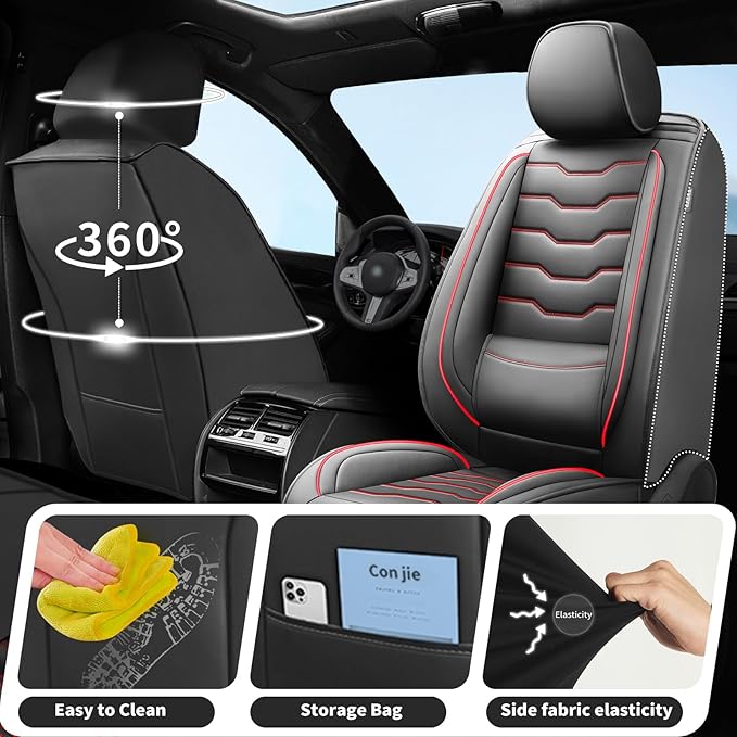 Fit Escape Car Seat Covers Premium Leather for Ford Escape 2010-2025 2026. Waterproof， Anti-Slip, Scratch-Resistant & All-Weather Seat Cushion Protector (Full Set, Red Line Black)
