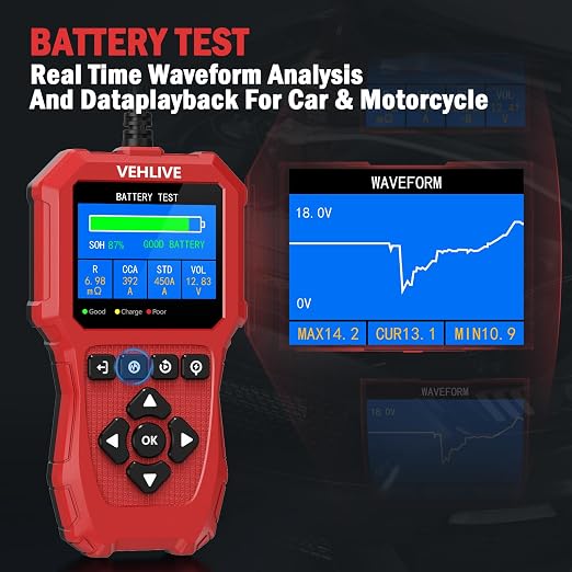 Car Battery Tester 6V 12V with Lithium Battery Testing, VEHLIVE BT910 5-3000CCA Battery Load Tester, Automotive Alternator Tester Charging Cranking System Tester for Car Truck Motorcycle SUV ATV Boat