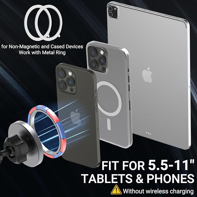 Vacuum Suction Cup Magnetic Phone Mount for Truck Windshield Dashboard, Fit for 4.7-11" Device, Heavy-Duty 360° Adjustable Metal Arm, Compatible with iPhone 16 15 14 Pro Max, iPad, Galaxy Tabs