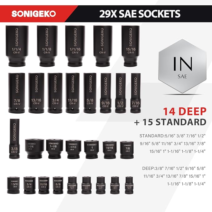 70-Piece 1/2" Drive Impact Socket Set, Cr-V Steel, Standard SAE & Metric Sockets with Ratchet Handle, Extension Bar, Adapters, and Storage Case