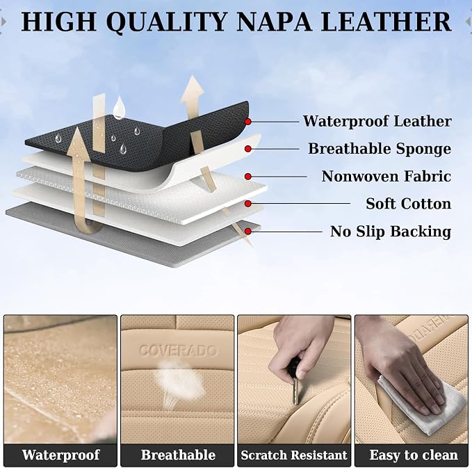 Car Seat Covers Full Set, Beige Seat Covers for Cars, Automotive Seat Covers, Waterproof Nappa Leather Front Seats and Back Car Seat Protector, Universal Fit for Most Cars SUV Trucks