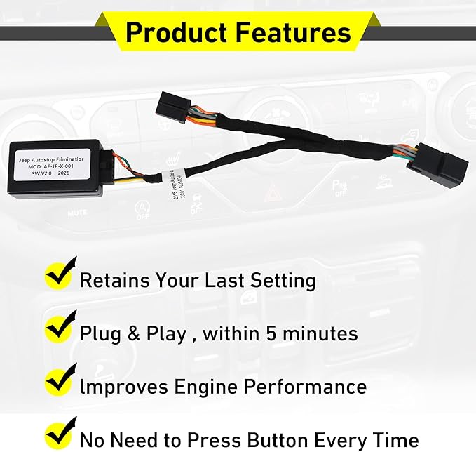 Auto Start Stop Eliminator for Jeep Wrangler JL & Gladiator JT 2019 2020 2021 2022 2023 2024 Autostop Eliminator Engine Auto Start Disable Function Plug and Play Accessories