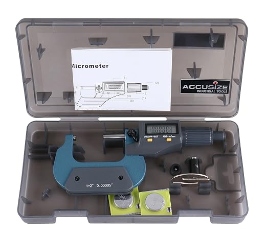 Accusize Industrial Tools Outside Micrometer, 1-2 in/25-50 mm, MD71-0002 | 2-Key Electronic Digital, Carbide-Tipped, Data Output, 0.00005 in Resolution