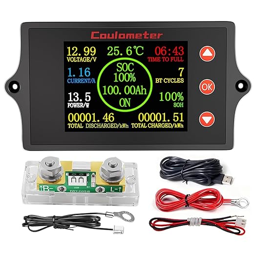 RQG New 300A Battery Monitor with Shunt,8-100V 2 Inch Color Screen Shunt Monitor,High Precision TFT Color Screen Coulometer for Car RV Golf Cart Solar Panel,Multi Functional,Easy to Read and Use