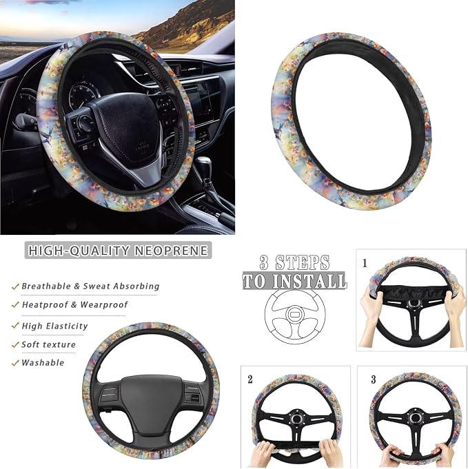 Hummingbird Daisy Pattern 13 Pieces Car Accessories, Car Front and Rear Seat Covers Full Set with Safe Belt Pads, Non Slip Steering Wheel Cover Washable Coasters with Notch