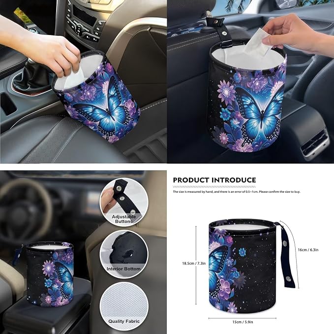 Blue Butterfly 15Pcs Car Seat Cover Full Set Car Steering Wheel Cover Seat Belt Cover Trash Bin Front Rear View Mirror Car Cup Holder Keychain