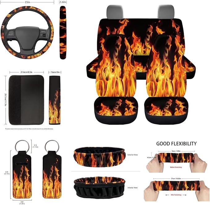 14Pack Orange Fire Flame Car Seat Covers,Neoprene Auto Steering Wheel+Seatbelt Pads Handbreak Cover Vehicle Coasters+Brown Cowhide Keychain+Vehicle Interior Mirror Cover Accessory