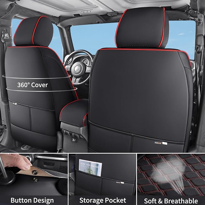 Huidasource Front Seat Covers for Jeep Wrangler JL 2018-2026, Waterproof Leather 2Pcs Front Seat Protector for Wrangler JL 2 Door/4 Door Sport Rubicon Sahara High Altitude (Front Pair/Black&Red)