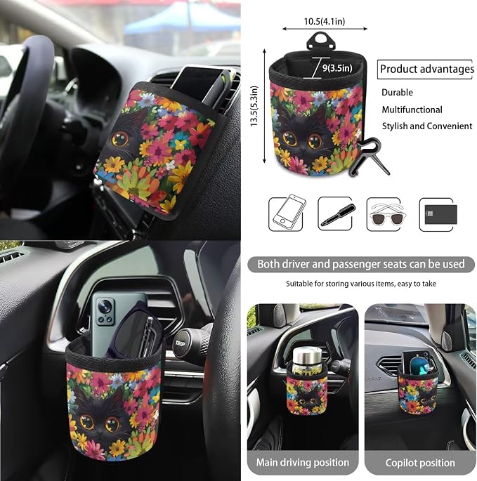 Flower Cat Print Automotive Seat Covers & Accessories Full Set, 15Pcs Car Interior Cover Set High Back Seat Covers Steering Wheel Cover Safety Belt Pads for Vehicle Truck Sedan