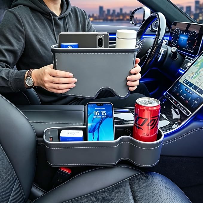7 Color Led Car Seat Gap Organizer with 56W Type C USB Charging Multifunctional Front Seat Organizer with Cup Holder Console Organizer Seat Gap Filler with Vibe Lamp for Andriod iPhone Grey