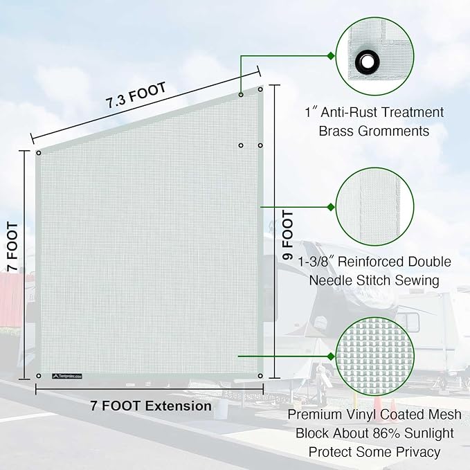 Tentproinc RV Awning Side Sun Shade 9'X7' (Gray) Mesh Screen Sunshade Complete Kits Motorhome Camping Trailer Canopy UV Blocker - 3 Year Warranty
