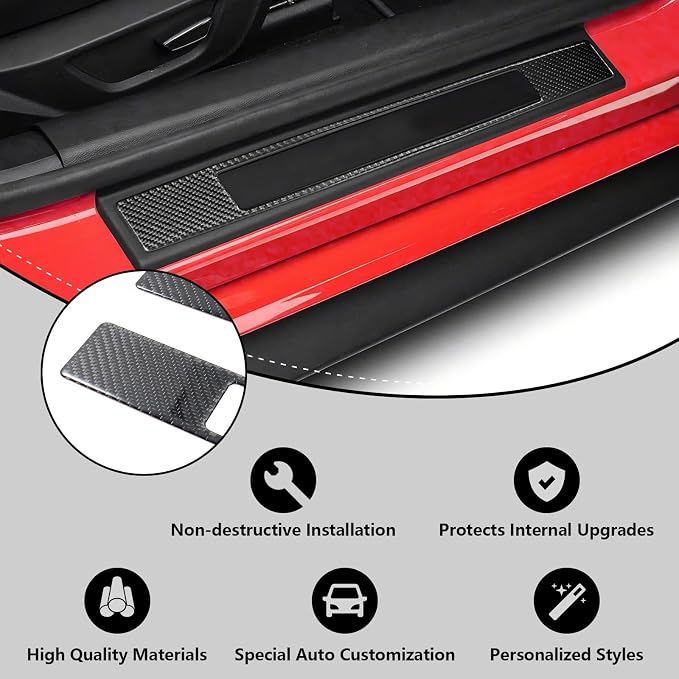 Real Carbon Fiber Door Sill Protectors Compatible with Ford Mustang 2015-2023, Interior Door Sill Guards & Edge Scratch Shields