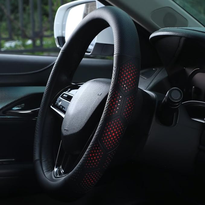 Yangday Leather Steering Wheel Cover for Toyota RAV4 Corolla Camry Highlander, 14.5-15 inches Car Steering Wheel Cover with Non-Slip Breathable (Red)