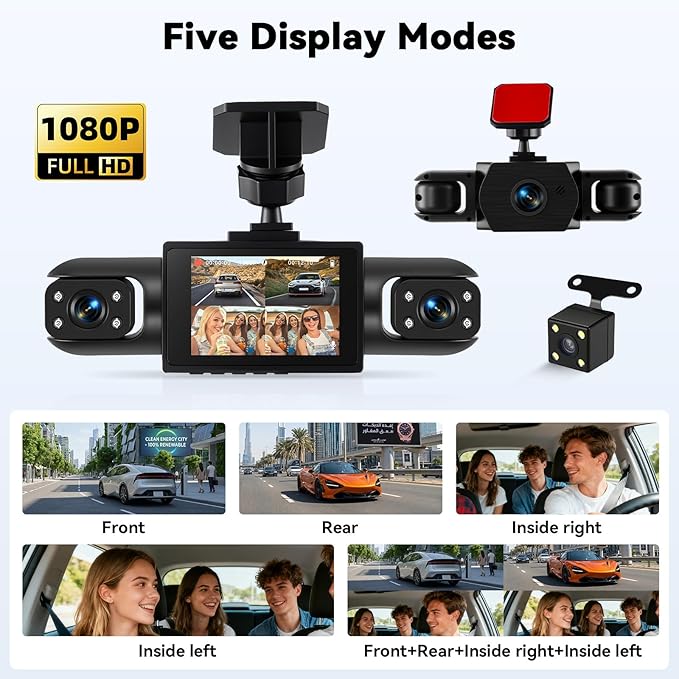 360° 4 Channel 1080P Dash Cam Front and Rear Inside Left Right, 2“ IPS Dash for Cars, Built-in Loop Recording & G-Sensor, 24/7 Recording Parking,Motion Detection,Night Vision,Reversing Help (No WiFi)