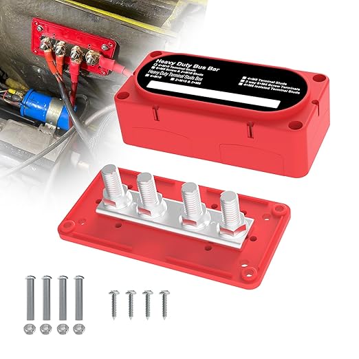 Heavy Duty Bus Bar 300A 12V Power Distribution Block with 3/8" (M10) 4-Posts Terminals Block with Cover for Automotive, Marine, Battery System (Red)
