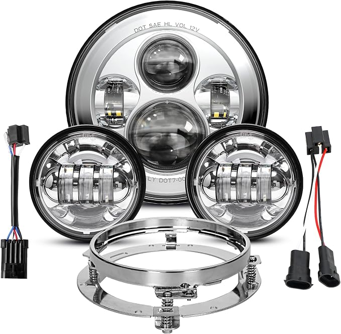 LX-LIGHT Chorme 7 Inch Motorcycle LED Headlight with 4.5 Inch LED Passing Fog Lamps and Mounting Bracket Compatible with Street Glide Road King Fat Boy Ultra Classic Electra Tri Cvo Heritage Softail