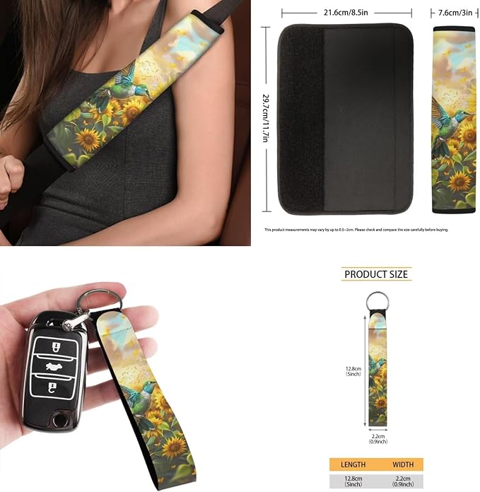 Sunflower Hummingbird 15 PCS Car Seat Cover Set with Auto Steering Wheel Cover Seat Belt Strap Protector Cup Holder Trash Bag Rear View Mirror Protector Keychain