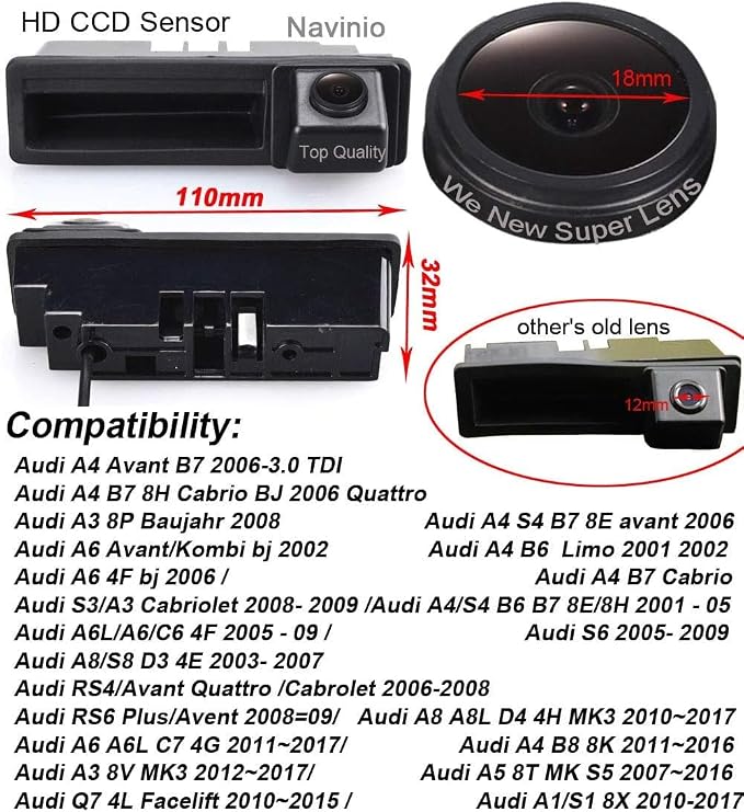 Trunk Handle Reversing Camera Rear View HD Camera Backup Camera for Audi A4 A3 8P A6 Avant Kombi S3/A3 Cabriolet A6L/A6/A8/RS4/Avant Quattro/Cabrolet/A5/Q7 4L Facelift (Model 2=110x30mm)
