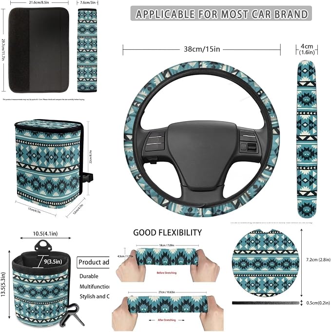 XYZCANDO Tribal Style Automobile Seat Cover Sets 15 PCS Car Seat Cover Set Steering Wheel Cover Seat Belt Pads Cover Garbage Bag Storage Box Rear View Mirror Cover Coasters Keychain Fit Most Cars
