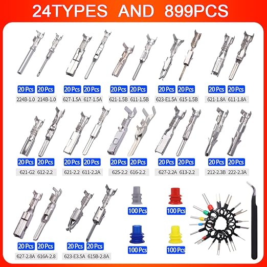 900Pcs 24Types of Pin Connector Kit and Terminal Pins with Crimping Tool | 1/1.5/1.8/2.2/2.3/2.8/3.5mm Male&Female Non Insulated Wire Terminal Pin Kit with Ratchet Crimping Tool,Electrical Connector